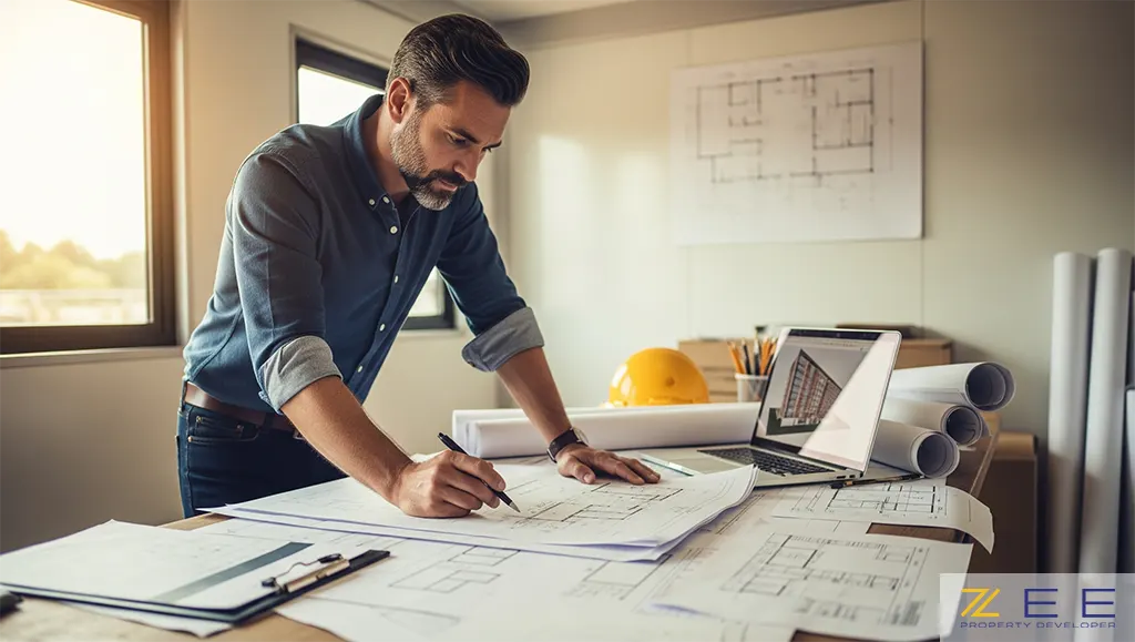 مهندس معمار در حال بررسی مدارک و نقشه‌های یک پروژه ساختمانی