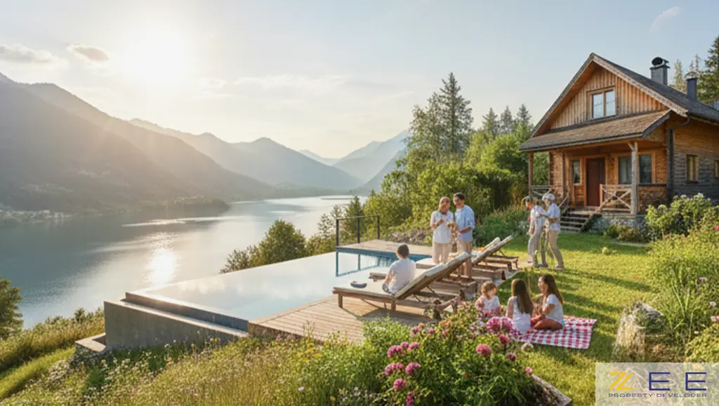 خانواده‌ای در ویلا یا خانه دوم خود در تعطیلات