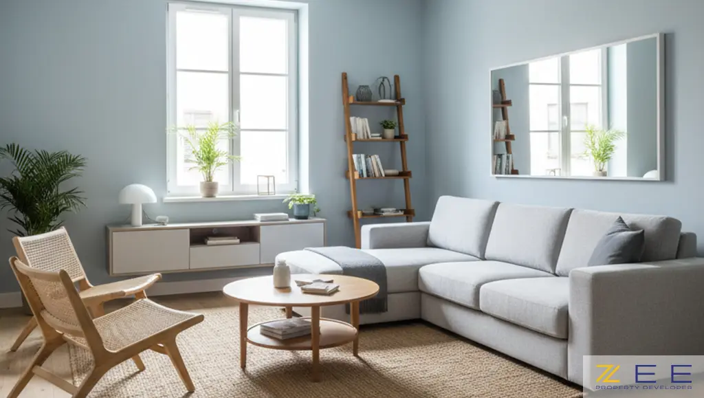 یک اتاق نشیمن کوچک و روشن با مبلمان مدرن، قفسه‌های دیواری و آینه‌های بزرگ برای بزرگنمایی فضا