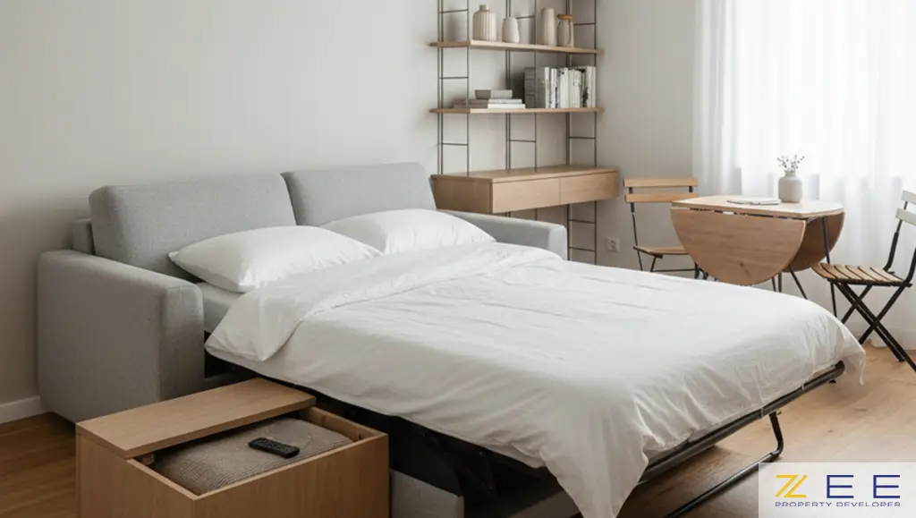 آپارتمان استودیویی کوچک با یک کاناپه تختخواب‌شو، میز عسلی با فضای ذخیره‌سازی، قفسه‌های دیواری و یک میز ناهارخوری تاشو 