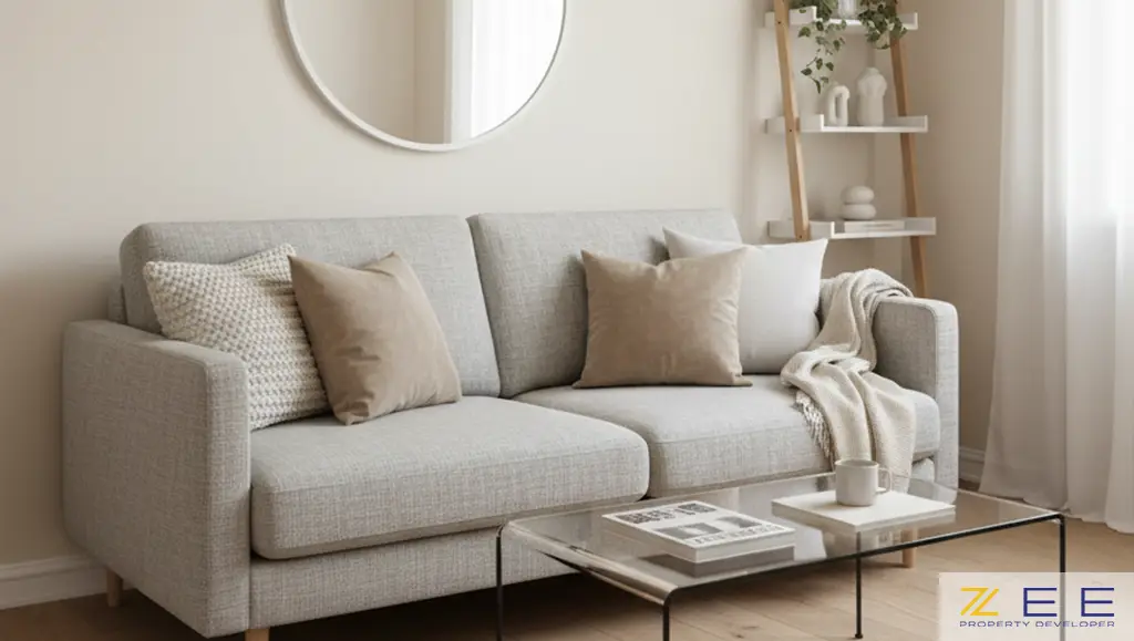 اتاق نشیمن کوچک و آرام با کاناپه خاکستری روشن، کوسن‌های بافت‌دار، میز جلو مبلی شیشه‌ای