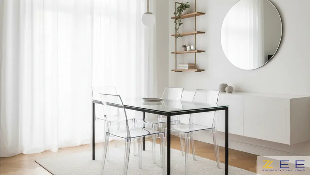 یک اتاق غذاخوری روشن با میز ناهارخوری شیشه‌ای و صندلی‌های شفاف پلکسی گلس برای بزرگتر جلوه دادن فضا 