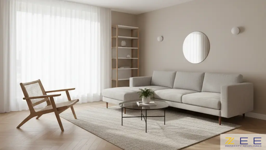 نشیمن کوچک با چیدمان هوشمندانه، شامل یک کاناپه L شکل و صندلی چوبی