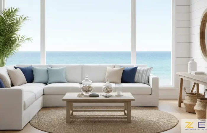 دکوراسیون ساحلی با مبل سفید و منظره دریا