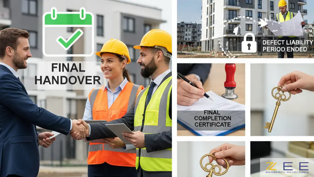 حویل قطعی (FINAL HANDOVER)، پایان دوره تضمین، امضای گواهی تکمیل نهایی و تسویه حساب مالی
