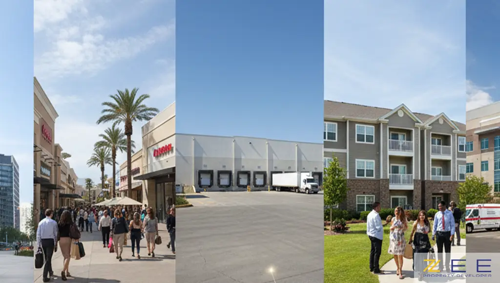 انواع املاک تجاری از جمله ساختمان اداری، مرکز خرید، انبار، آپارتمان چندخانواری و بیمارستان