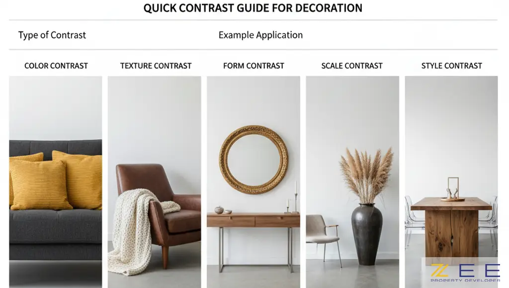 جدولی از انواع کنتراست شامل رنگ، بافت، فرم، مقیاس و سبک با مثالهای کاربردی