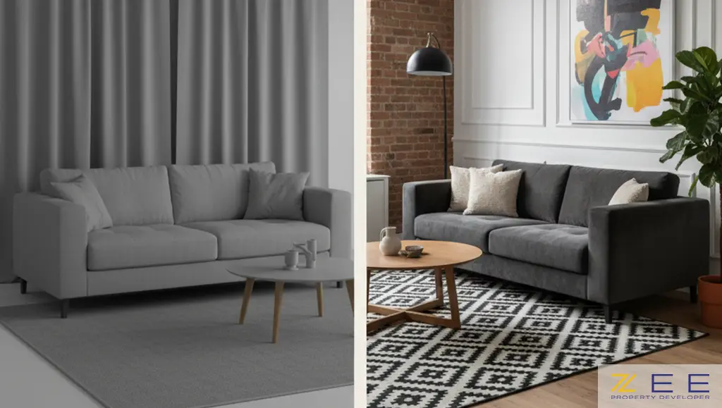 مقایسه اتاقی بدون کنتراست با اتاقی با کنتراست متعادل برای نمایش تاثیر آن