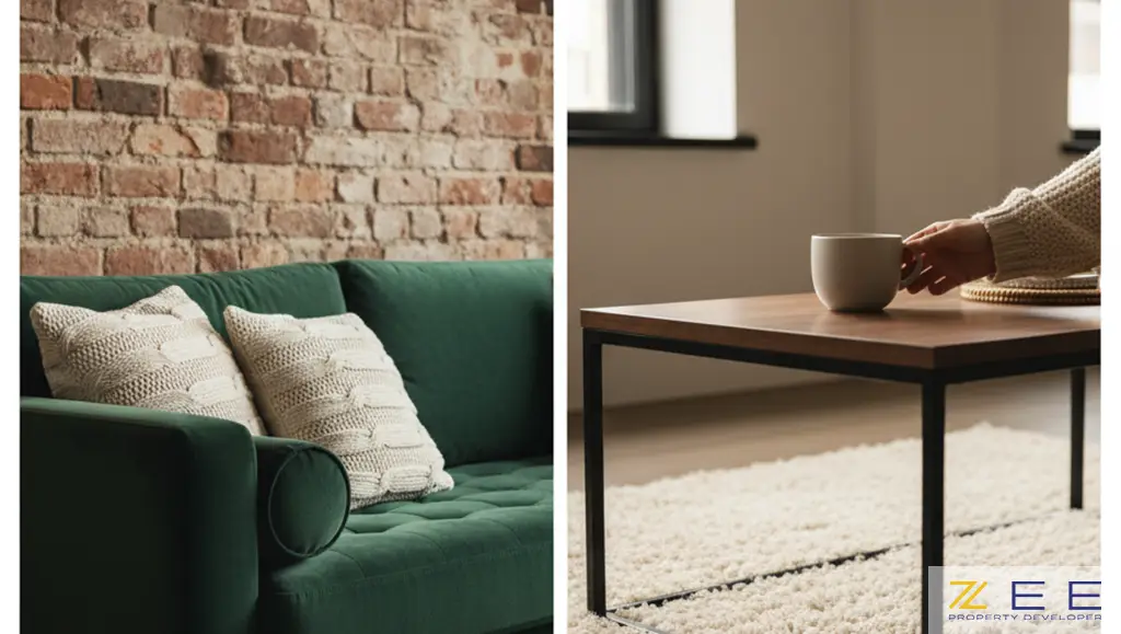 تضاد بافت خشن آجر با کاناپه مخملی نرم و ترکیب سطوح صاف و دنج در دکوراسیون