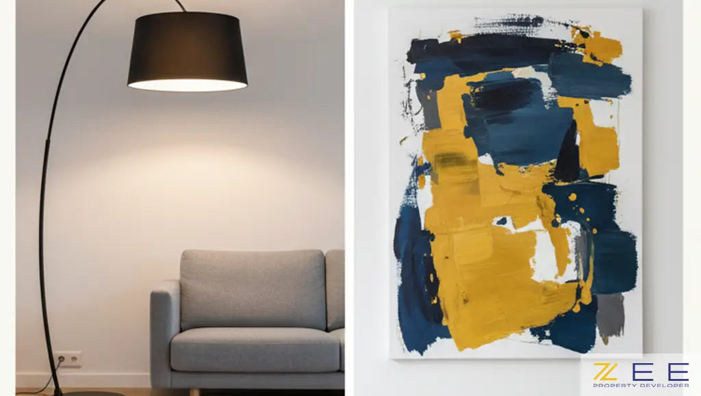 نمایش کنتراست در مقیاس با یک آباژور بلند و یک تابلوی هنری بزرگ