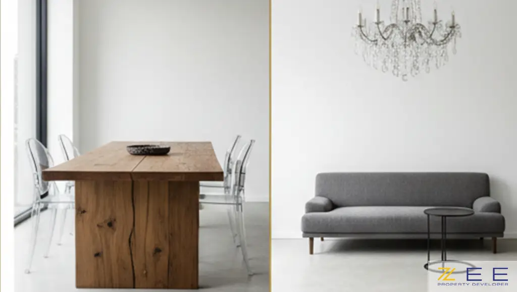 ترکیب سبکهای مدرن و روستیک با صندلیهای شفاف و میز چوبی، و لوستر کلاسیک در فضای مینیمال