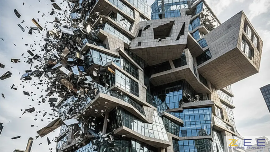 ساختمان دیکانستراکشن با خطوط نامتعارف در منظره شهری