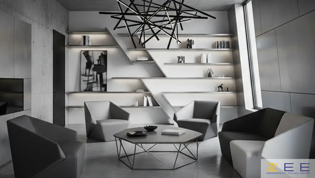 دکوراسیون داخلی دیکانستراکشن با مبلمان نامتقارن و نورپردازی انتزاعی