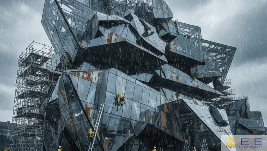 سازه دیکانستراکشن با فرمهای پیچیده از بتن و شیشه در شهر