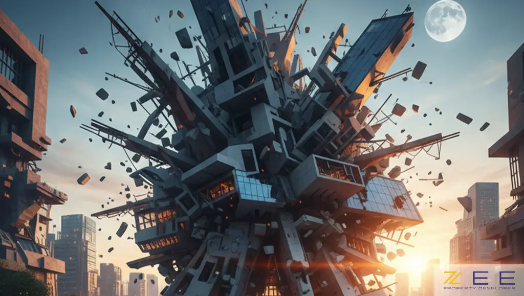 ساختمان دیکانستراکشن مرکزی در غروب آفتاب