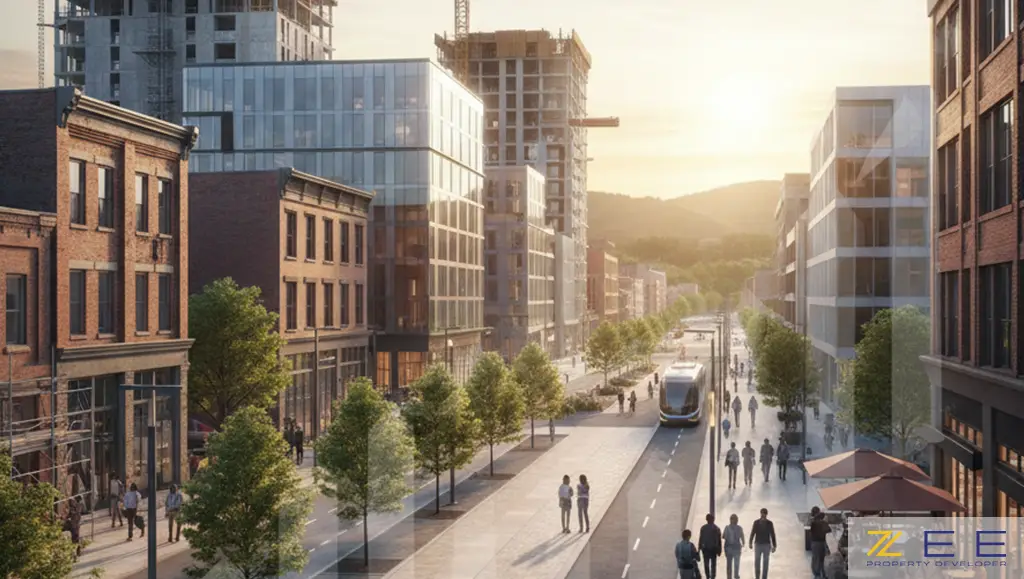 تصویری خیابان مدرن با ساختمان‌های در حال ساخت و فعالیت‌های شهری