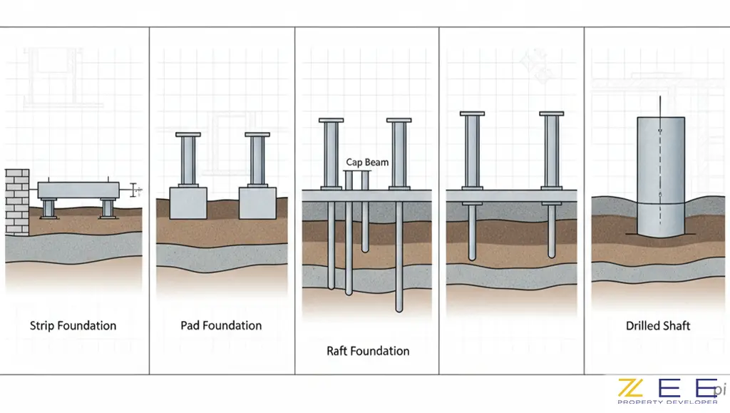 شماتیکی از انواع فونداسیونهای سطحی و عمیق شامل نواری، منفرد، گسترده و شمعی