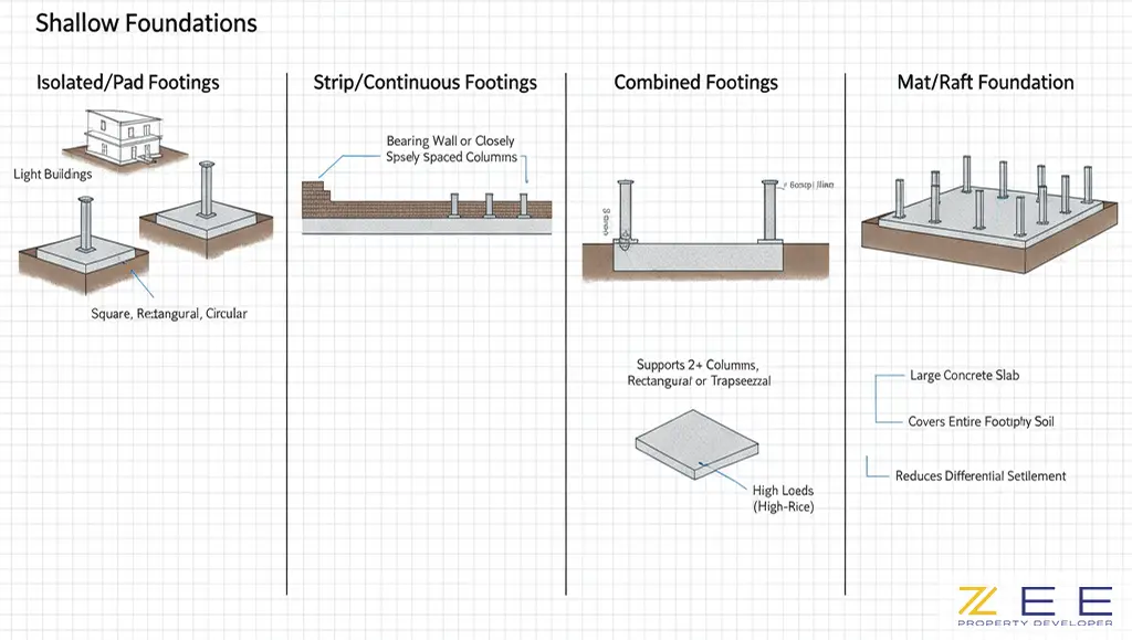 انواع فونداسیونهای سطحی شامل منفرد، نواری، مرکب و گسترده