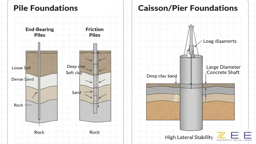 فونداسیونهای عمیق (شمعی اتکایی و اصطکاکی) و کیسونی