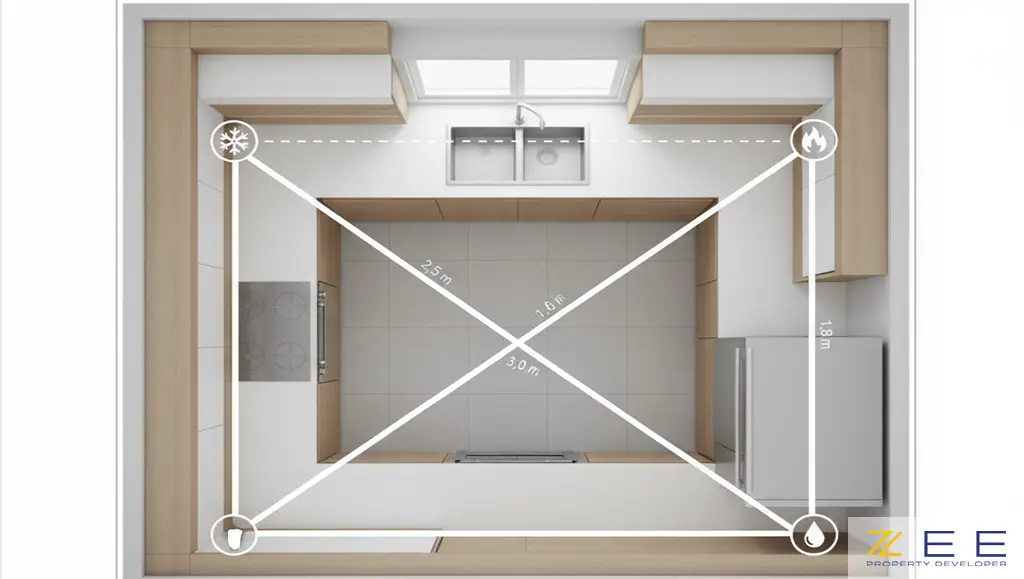 پلان آشپزخانهای مدرن که مثلث کار را به صورت واضح بین یخچال، سینک و گاز با ابعاد مشخص