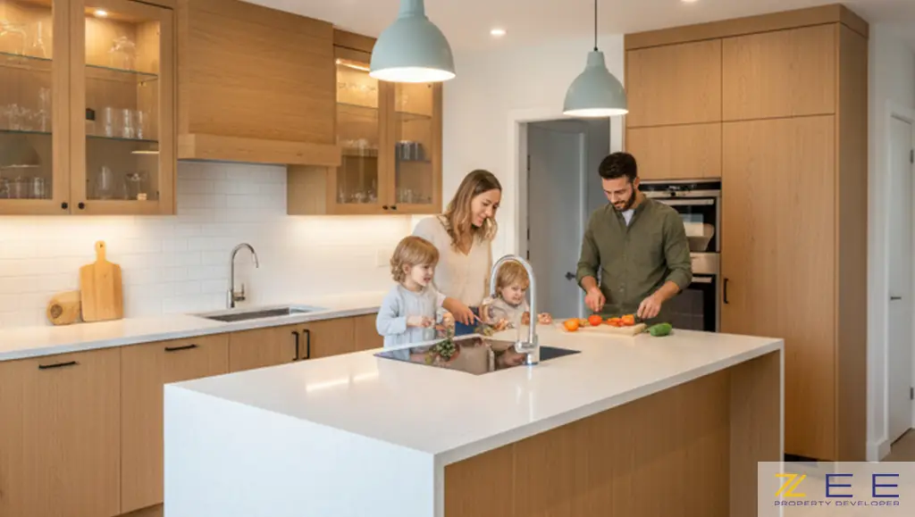 یک خانواده شاد در آشپزخانهای مدرن که در حال آمادهسازی غذا و فضای کاربردی آشپزخانه