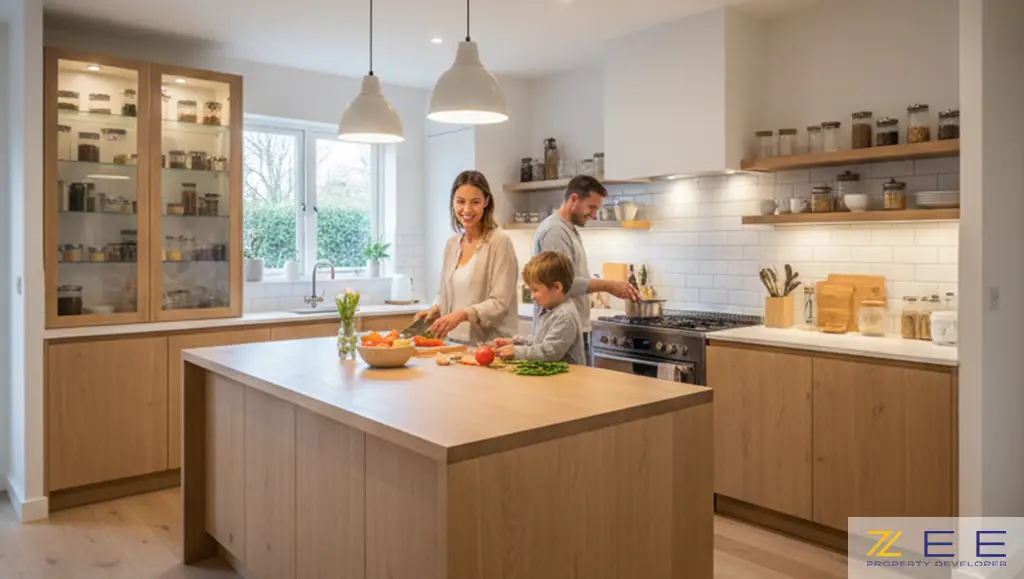 یک خانواده در حال آشپزی در آشپزخانهای روشن و مدرن با طراحی کاربردی و فضایی دلنشین