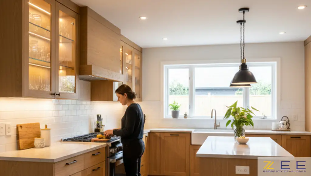 آشپزخانهای با نورپردازی اصولی و چندلایه، شامل نور عمومی، وظیفهای و تاکیدی