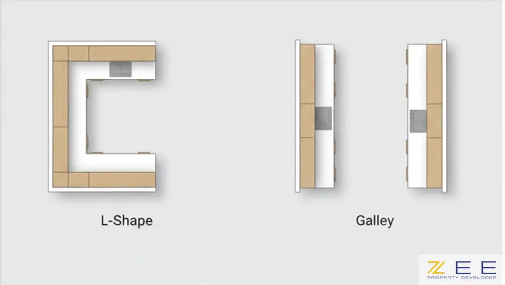 دو چیدمان اصلی آشپزخانه (L شکل، U شکل) به صورت پلان