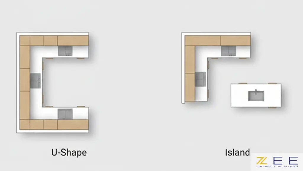 دو چیدمان اصلی آشپزخانه (گالری و جزیره) به صورت پلان