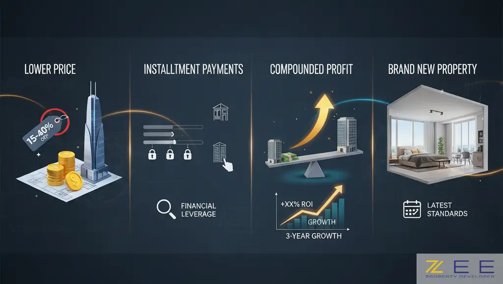 مزایای کلیدی استراتژی پیشخرید شامل قیمت پایینتر، پرداخت اقساطی، سود مرکب بالا، و ملک نوساز