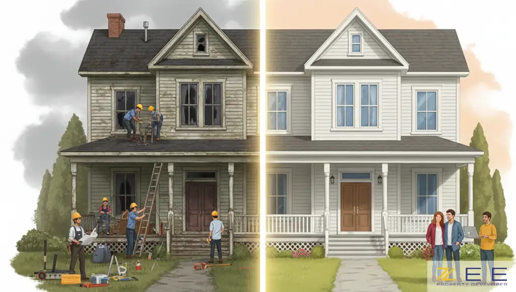 تصویری از خانهای که نیمی فرسوده و نیمی بازسازی شده