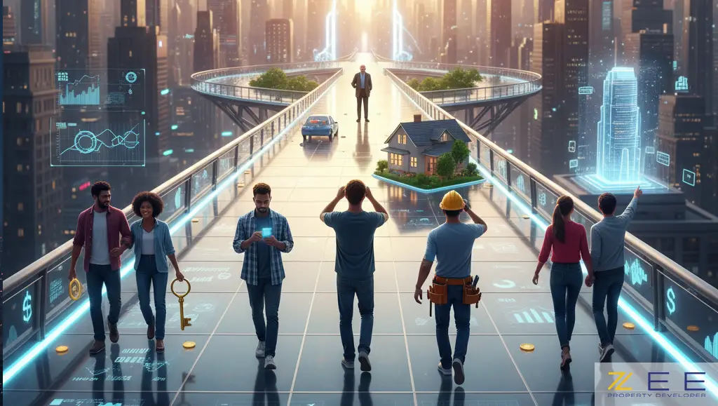 گروهی از افراد در حال عبور از پلی نئونی به سوی آیندهای درخشان در شهری مدرن