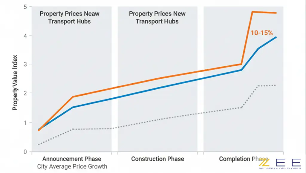 مقایسه میانگین رشد شهر در سه فاز تأثیر توسعه حملونقل (موج خبر، ساختوساز، بهرهبرداری) بر قیمت ملک