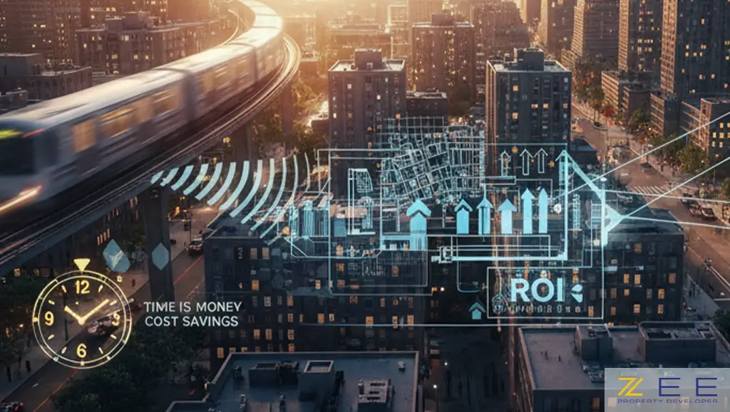 نمایی هوایی از یک شهر با وجود حمل و نقل عمومی