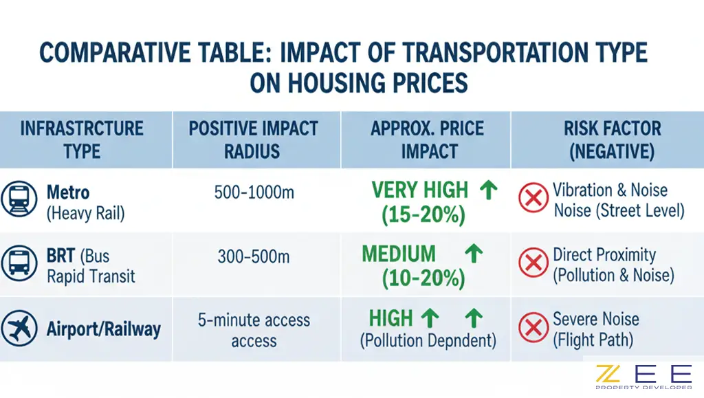 جدول مقایسهای که انواع زیرساختهای حملونقل، شعاع تأثیر، میزان تأثیر بر قیمت