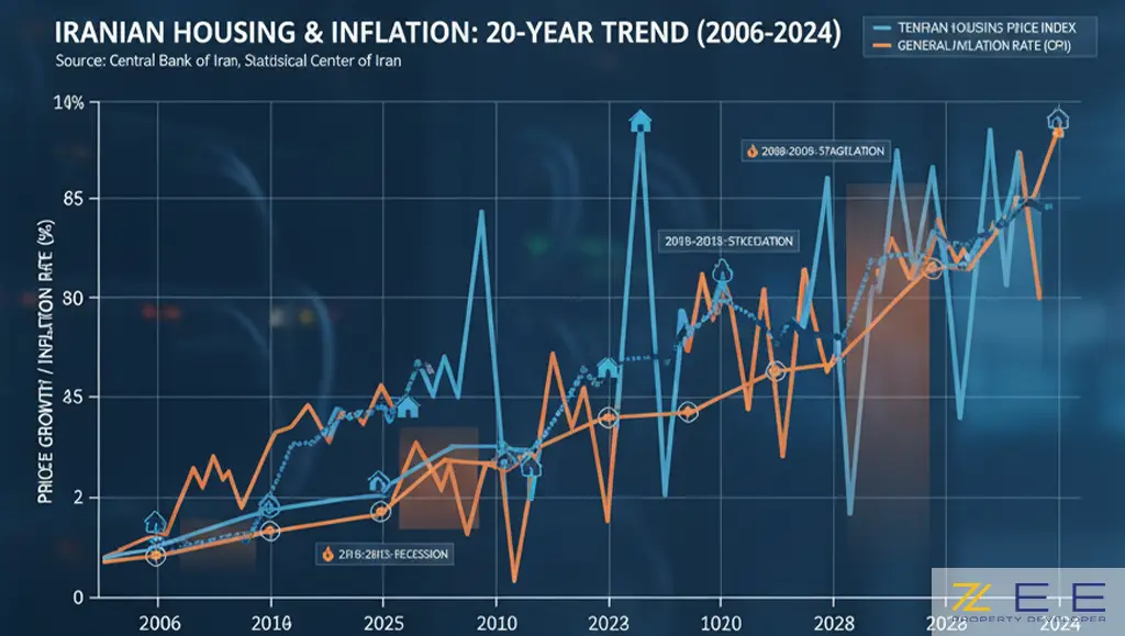 نمودار تحلیلی مقایسه نرخ تورم و رشد قیمت مسکن در ایران طی دو دهه گذشته