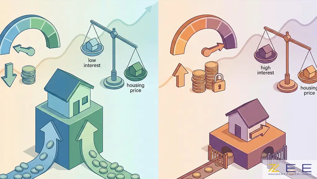 مقایسه رابطه عکس بین کاهش نرخ بهره و افزایش قیمت مسکن