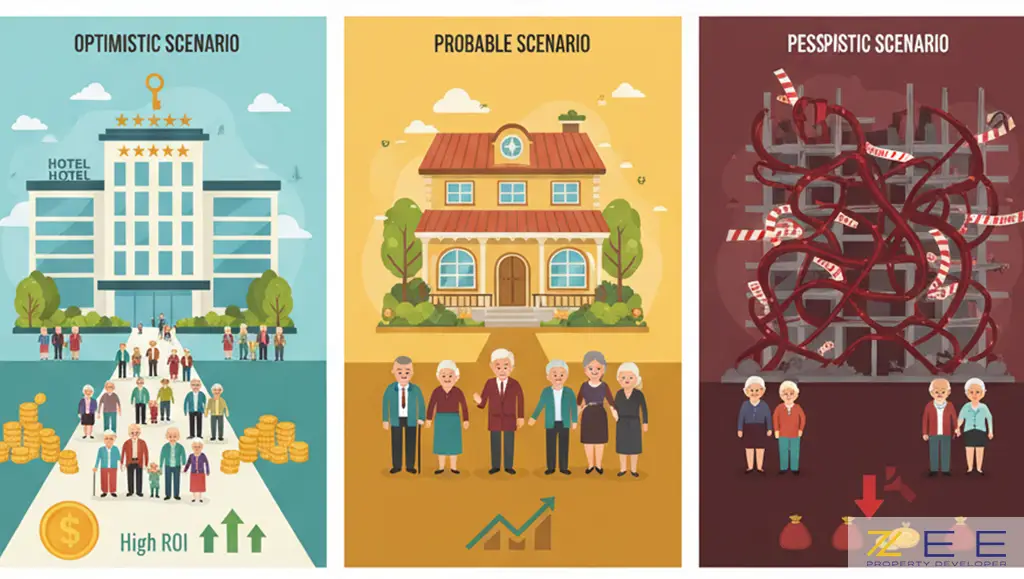 سه سناریوی سرمایهگذاری (خوشبینانه، محتمل، بدبینانه) برای خانههای سالمندان لوکس با نمادهای بصری