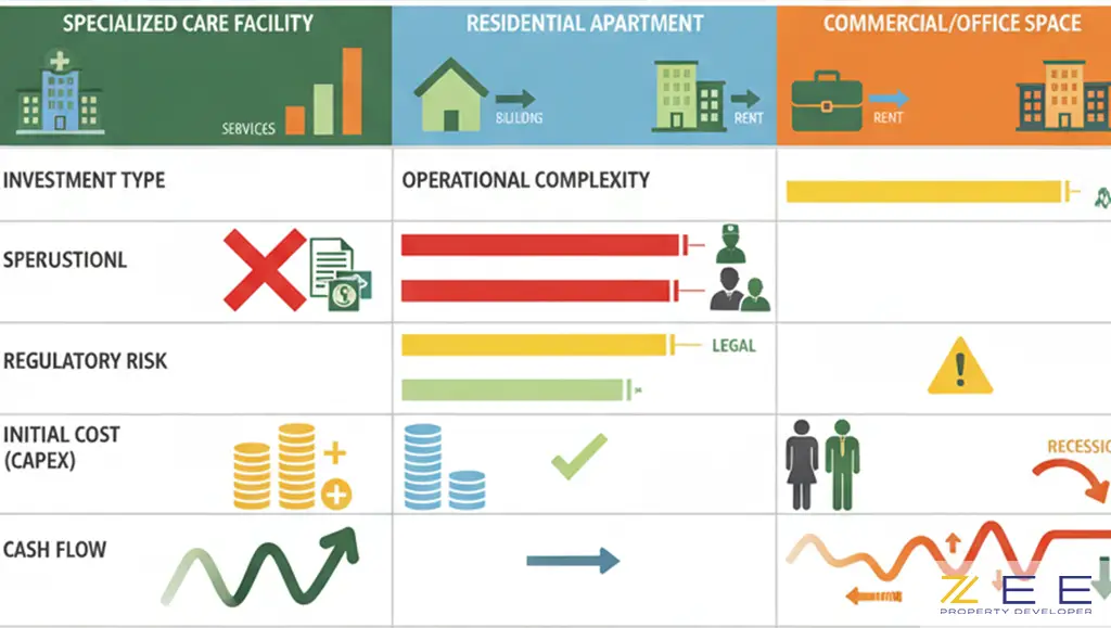 یک اینفوگرافیک مقایسهای بین سرمایهگذاری در خانههای سالمندان، آپارتمان مسکونی و املاک تجاری