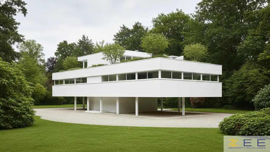 نمای بیرونی ویلا ساوا با پنجرههای نواری و ستونهای پیلوتی