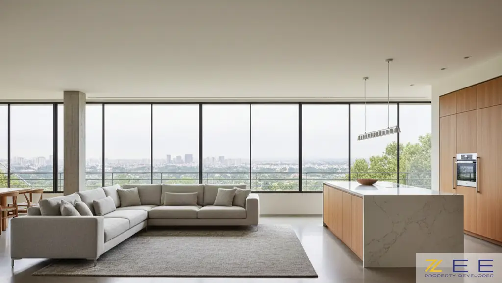 دکوراسیون داخلی مدرن با پلان باز و پنجرههای بزرگ