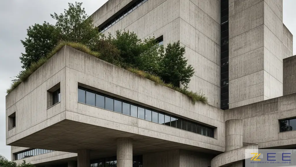 ساختمانی به سبک بروتالیسم با بتن اکسپوز و فضای سبز روی بام