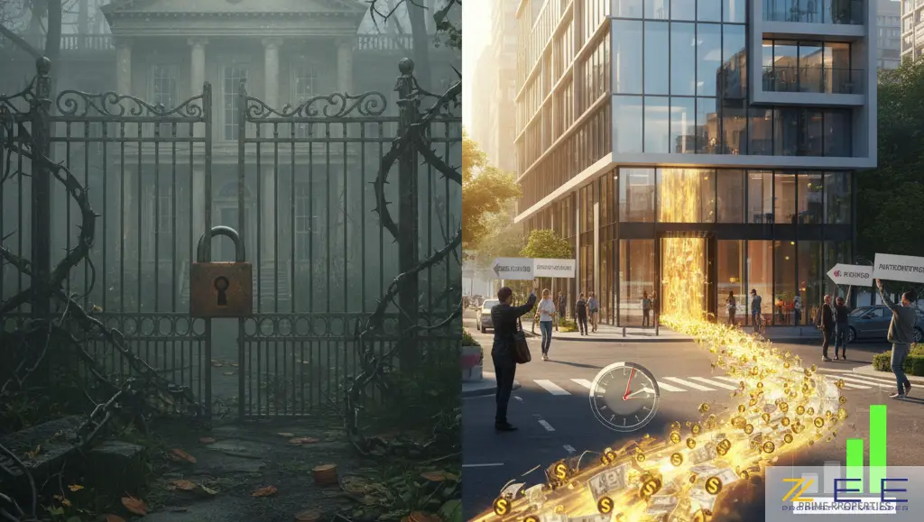 مقایسه خانهای متروک و قفلشده در یک جنگل با ساختمانی مدرن