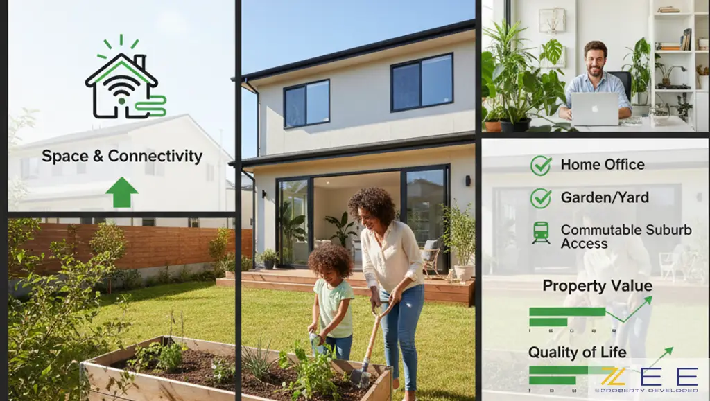 خانوادهای در حیاط یک خانه حومه شهر نشاندهنده تغییر سبک زندگی و اهمیت فضا پس از رواج دورکاری