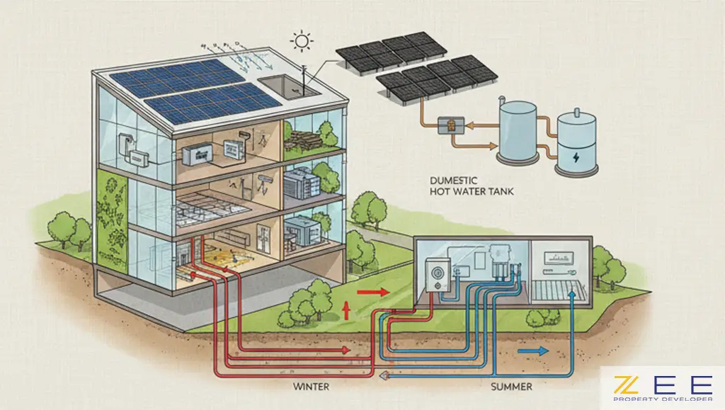 نمایش شماتیک سیستمهای خورشیدی و زمینگرمایی در یک ساختمان، راه حلی برای گرمایش و سرمایش هوشمند