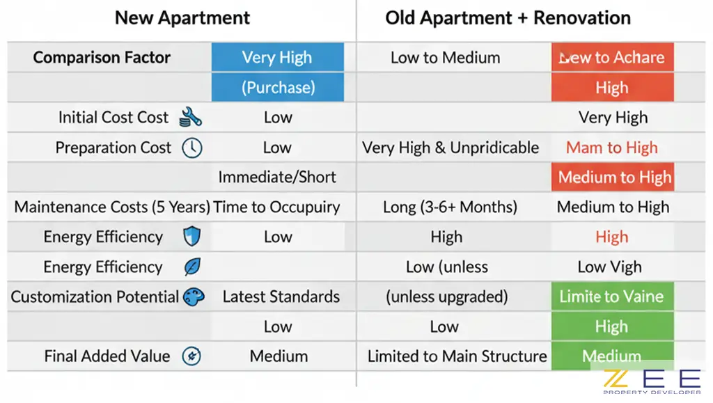 تحلیل هزینه-فایده خرید نوساز در مقابل بازسازی با نمودارها و آیکونهای مرتبط
