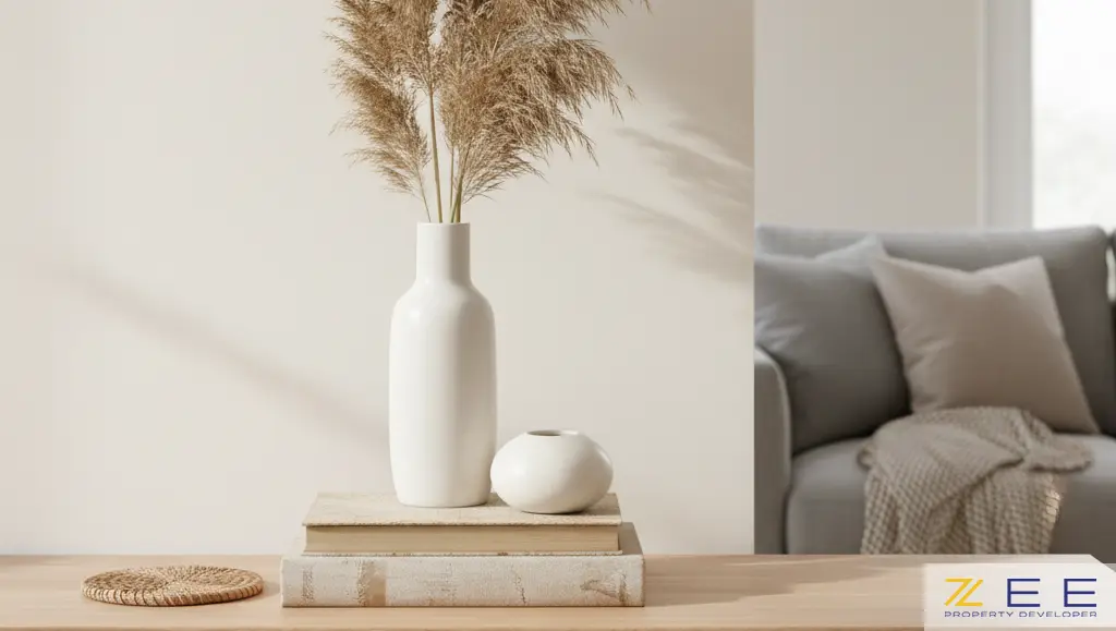 سهتایی گلدانهای سرامیکی با رنگهای هماهنگ روی میز جلو مبلی