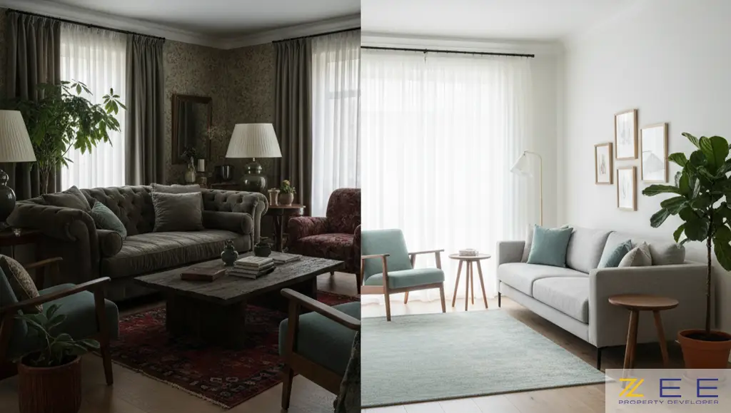 مقایسه بصری از تأثیر مقیاس (مبلمان کوچک در فضای بزرگ) و تناسب (نورپردازی ناهماهنگ) در دکوراسیون