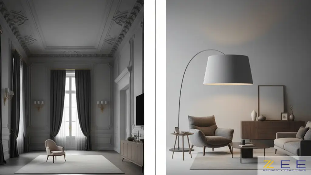 دو اتاق نشیمن، یکی با مبلمان نامتناسب و شلوغ و دیگری با چیدمان متعادل و دلنشین