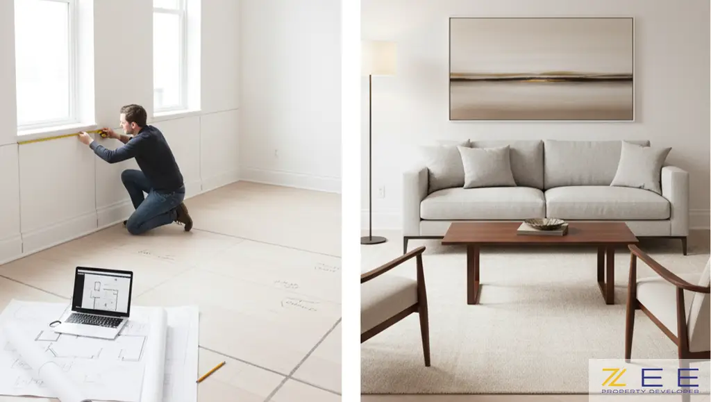 مردی در حال اندازه‌گیری فضا برای طراحی چیدمان و تصویری از چیدمان متعادل مبلمان با رعایت تناسب